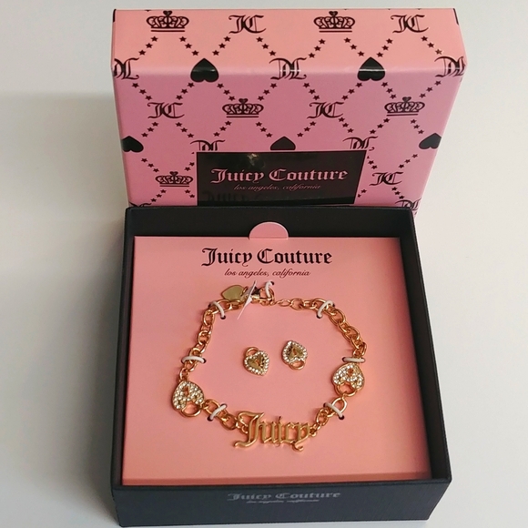 NWT Juicy Couture Heart Locket ID Bracelet "Juicy" and Matching Stud Earring Set - Picture 2 of 6